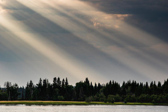 Sunbeams over the northern end of Whitefish Lake, Whitefish, Glacier Country, Montana, USA.