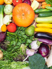 top view of many fresh vegetables on wooden table