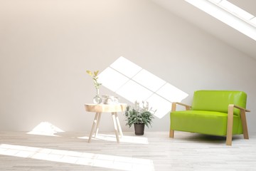 Mock up of stylish room in white color with armchair and green landscape in window. Scandinavian interior design. 3D illustration