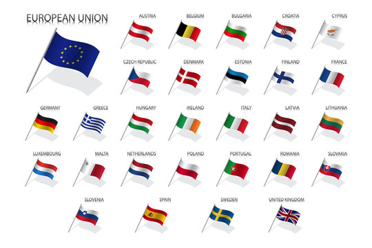 Set of European Union country flags 2019, member states EU, flaming flags isolated on a white background with shadows