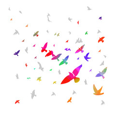 Multi-colored birds. A flock of flying rainbow birds. Vector illustration