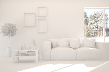 Mock up of stylish room in white color with sofa and winter landscape in window. Scandinavian interior design. 3D illustration