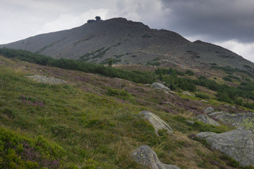 Sniezka Mountain in the Karkonosze/ Krkonose /Giant MOuntains seen from the trail in Obri Dul in the Czech Republic