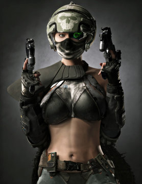 Portrait of a sexy female futuristic sci fi bounty hunter with two laser pistols.Warrior is armored with an exposed mid section , helmet with a reticle locked on to the viewer and a cape. 3d rendering