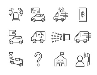 Emergency services, icons, monochrome, flat, contour drawing, vector. Gray pictures on a white field. Emergency medical and fire assistance, reference services.  