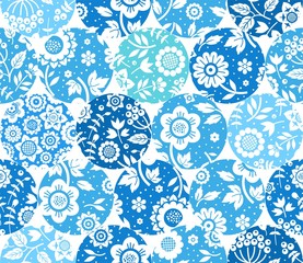 Fototapeta na wymiar Floral white pattern on blue circles, seamless, white background, flat, vector. Fabulous decor. Color, floral ornament. 
