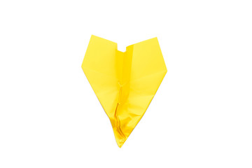 Bad luck and failure. Yellow crumpled paper airplane isolated on white background. Copy space.