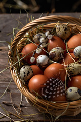Basket of eggs on old wooden background. Brown farm eggs and quail eggs.