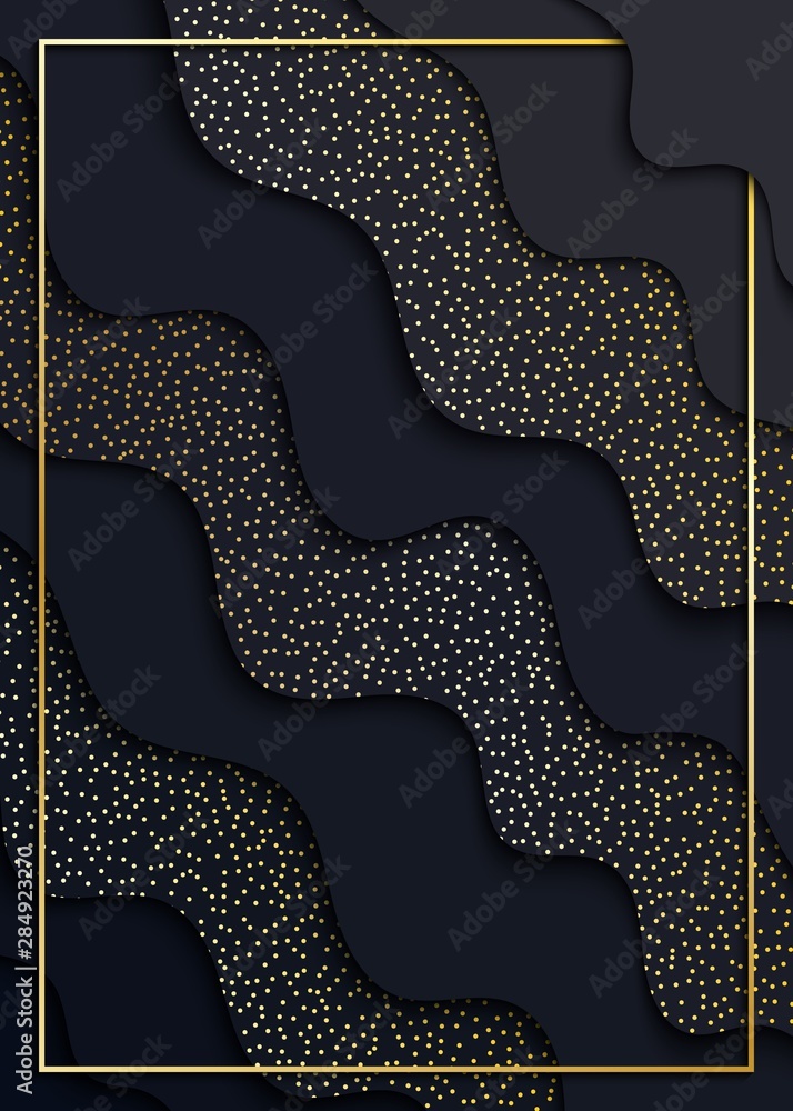 Wall mural papercut abstract wave black shape background with gold dots and frame pattern. layered backdrop wit