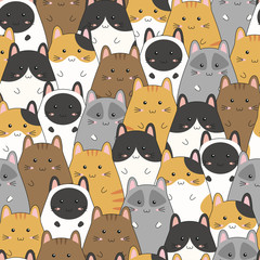 Seamless pattern with cute kitten family cartoon, vector illustration