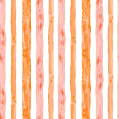 Papier Peint photo Lavable Rayures verticales Modèle sans couture aquarelle coloré avec des bandes verticales roses et oranges et des lignes sur fond blanc. Imprimé décoratif à rayures, style vintage.