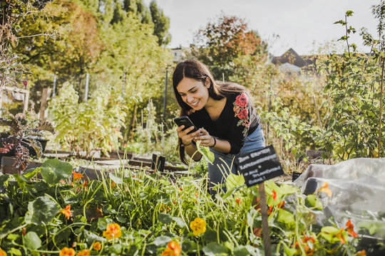 Happy young woman taking pictures with smartphone in urban garden