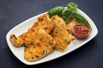 fried chicken breast with sauce on white dish on ceramic background