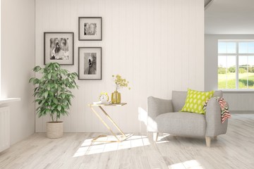 Stylish room in white color with armchair. Scandinavian interior design. 3D illustration