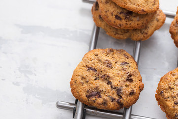 oat cookies with chocolate on ceramic background