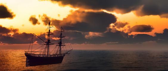 Pirate ship at sea 3d rendering