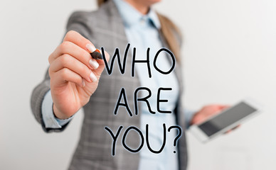 Text sign showing Who Are You Question. Business photo text asking about someone identity or...