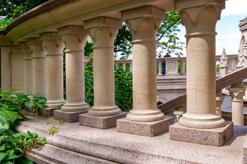 stone balustrades of the balcony, a close up of architectural elements.