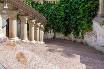 stone spiral staircase with railings and balustrades with a climbing plant growing on a stone wall,...