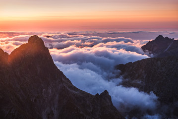 Mountains Landscape with Inversion in the Valley at Sunset as seen From Rysy Peak in High Tatras,...