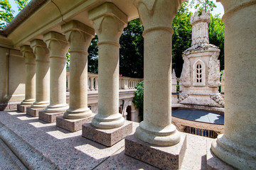 architecture of the old tomb stone religious buildings with balustrades and sculptures.