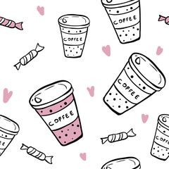 Coffee cups with hearts seamless pattern