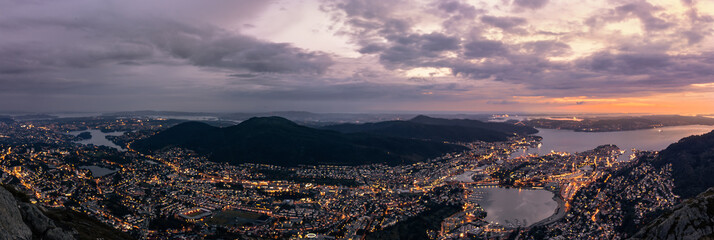 Panorama view of bergen (city) at dawn - obrazy, fototapety, plakaty