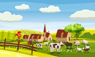 Rural farm landscape with green fields hills and farm village buildings animals cows sheeps ram gose duck cock bull turkey © hadeev
