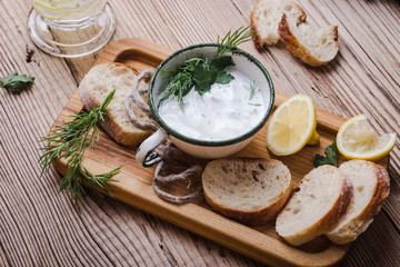 Yogurt dip with parsley and dill, vegetarian snack meal