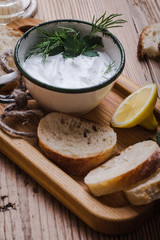 Yogurt dip with parsley and dill, vegetarian snack meal