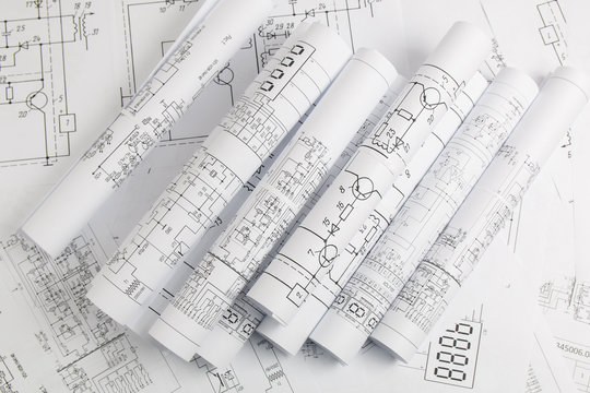 Electronics and Engineering. Printed drawings of electrical circuits. Science, technology and electronics.