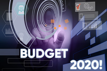 Conceptual hand writing showing Budget 2020. Concept meaning estimate of income and expenditure for next or current year Male wear formal suit presenting presentation smart device