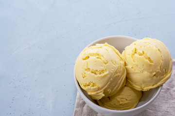 Homemade organic vanilla ice cream on a light background