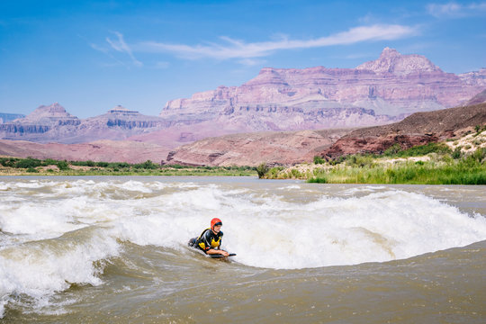 A man body boarding a wave in Basalt Rapid on the Colorado River, Grand Canyon National Park, Arizona, USA