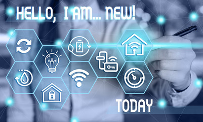 Text sign showing Hello I Am New. Business photo showcasing used greeting or begin telephone conversation Female human wear formal work suit presenting presentation use smart device