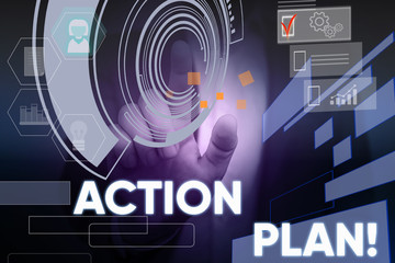 Conceptual hand writing showing Action Plan. Concept meaning proposed strategy or course of actions for certain time Male wear formal suit presenting presentation smart device