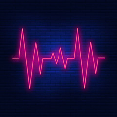 Neon illumination of cardiogram. A bright advertisement for a heartbeat. Modern vector logo, banner, shield, drawing Electrocardiography. Night advertising on the background of a brick wall.