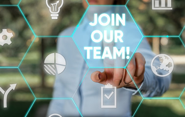 Word writing text Join Our Team. Business photo showcasing invite someone to work together for...