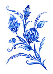 Bouquet of fabulous blue flowers in the Dutch style, Delft, Chinese porcelain, Gzhel. Floral motif for painting ceramics and porcelain, print for other designs, watercolor isolated on white background