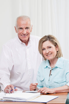 Senior couple doing paperwork, smiling, portrait