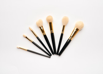 make-up brushes on white background, set of brushes, place for inscriptions, makeup artist equipment