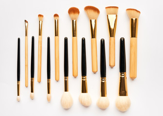 make-up brushes on white background, set of brushes, place for inscriptions, makeup artist equipment