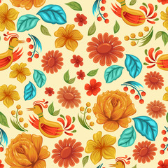 Seamless pattern with folk floral ornaments in Russian style