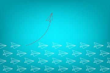 Think differently concept. Red airplane changing direction. Vector illustration