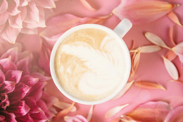 Festive flowers dahlias with coffee.