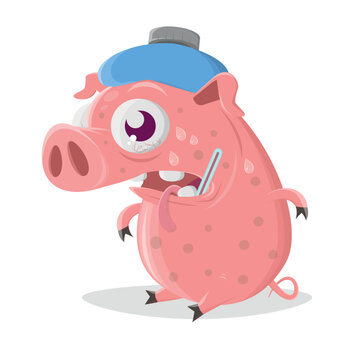 funny cartoon pig has the flu