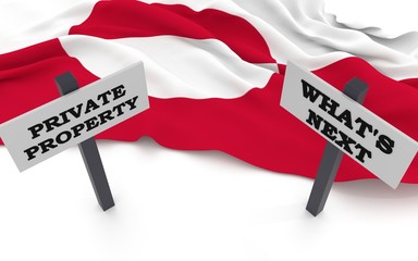 Greenland flag and signs with retorical questions.