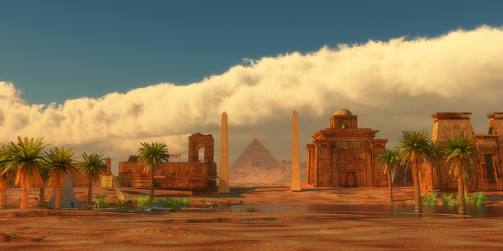 Ancient Egyptian City - A legendary Egyptian city in the desert next to the Nile river full of buildings and a pyramid.