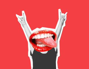Stylish trendy collage of modern art. Instead of a head, a crazy mouth screams, sexy lips giving a sign of rock and roll, a gesture of the devil's horn. Black and white tones on a bright red isolated  - obrazy, fototapety, plakaty