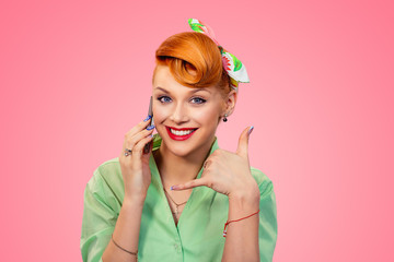 Call me. Pin up style girl with phone